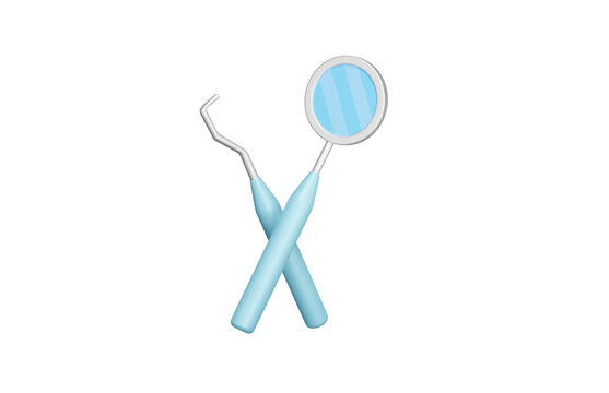 Dental mirror and scaler 3d icon. Dental examination, oral diagnosis and professional oral healthcare concept. Isolated 3D object.