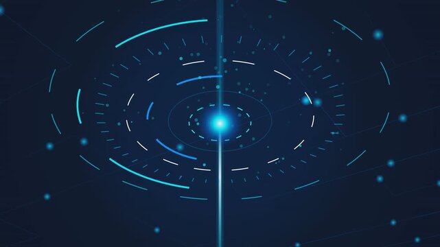 Abstract technology background featuring circular hud elements glowing blue light and digital motion.