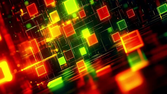 Abstract digital background with glowing red and green squares and light trails.