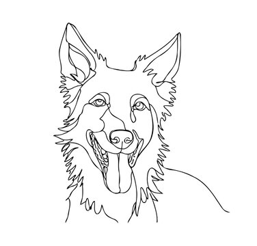 Continuous one simple single abstract line drawing portrait of wolf dog icon in silhouette on a white background. Linear stylized, set of funny animals