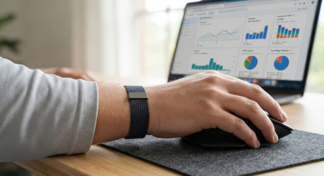 A close-up view of a young white man's hand using a computer mouse on a felt mat while working on a laptop displaying data charts and analytics dashboards in an office during the day.