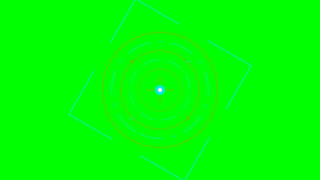 Futuristic digital circular target overlay on a vibrant green background screen