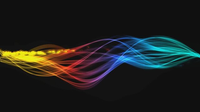 Abstract rainbow light wave motion graphics video featuring glowing particles on dark backgrounds.