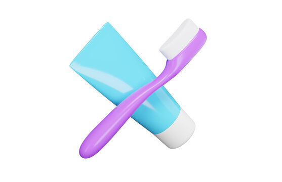 Toothbrush and toothpaste 3d icon. Daily oral hygiene, dental care and teeth cleaning concept. Isolated 3D object.