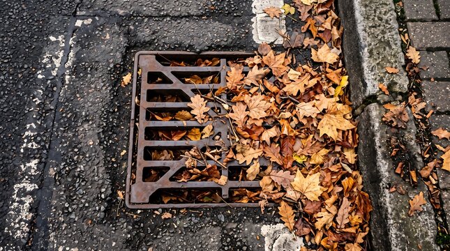 A close up view of a metal storm drain grate covered with vibrant autumn leaves on a brick surface