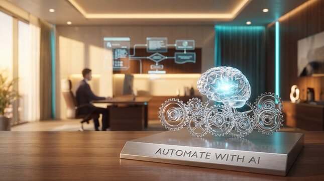 Artificial intelligence automation concept with digital brain and gears in modern office workspace with labeled automate