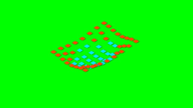 An abstract isometric grid of orange squares on a vibrant green background