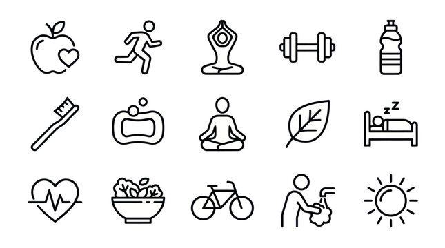 Healthy lifestyle wellness and fitness activity line icon set.