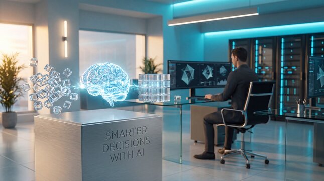 Data scientist utilizing advanced artificial intelligence holograms for strategic decision making in modern corporate