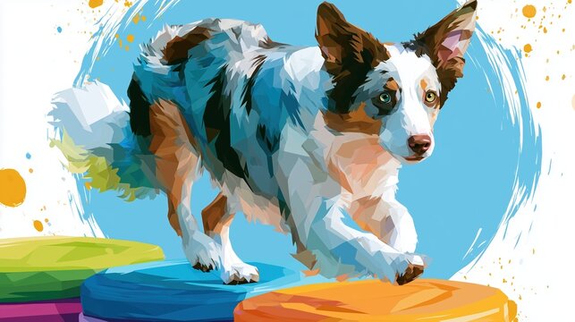 Colorful low poly illustration of a Border Collie dog doing agility training. Geometric vector art of active canine stepping on colorful platforms