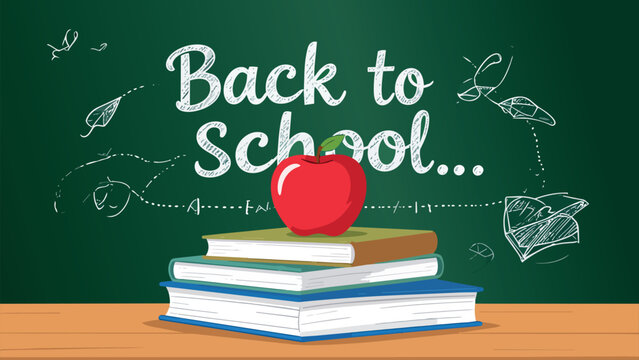 Back to school concept with books and apple on blackboard