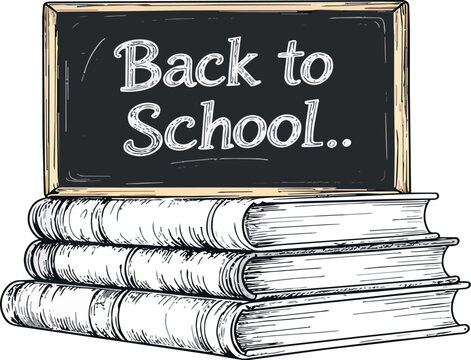 Back to school text on blackboard resting on stacked books
