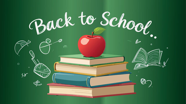 Back to school chalkboard concept with books and apple