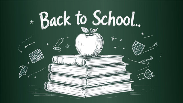 Back to school chalkboard with books and apple drawing