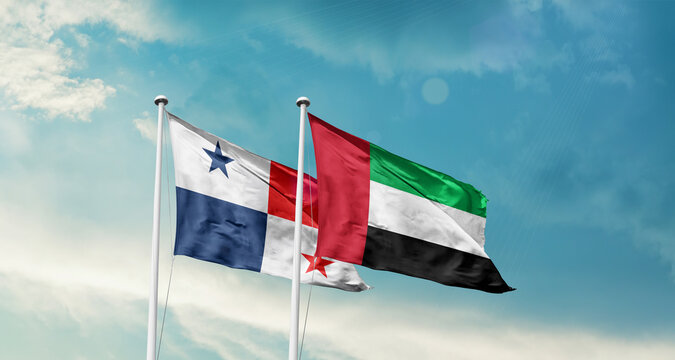 Panama and UAE friendship flags are waving in the sky. Double country Flag waving with mast. Panama UAE national flag for agreement.