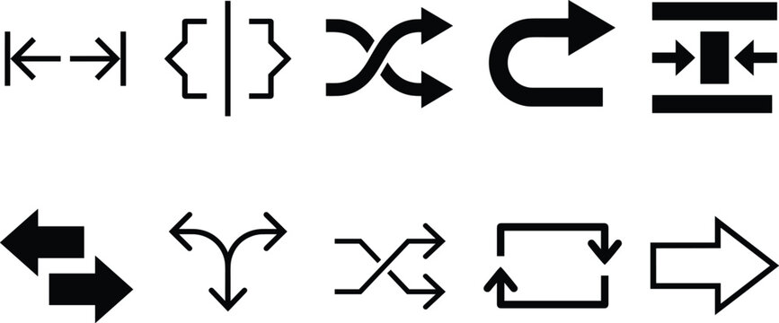 Arrow and interface vector icon set with shuffle repeat random playback code brackets compression and directional choice signs