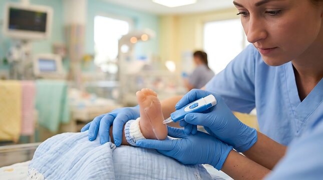 Neonatal nurse performing heel prick blood test on newborn baby in hospital intensive care unit