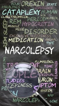 Narcolepsy being studied, examined - under close inspection. Most important subjects and ideas closely related to narcolepsy written on a blackboard inspected by a magnifying glass. Can be looped