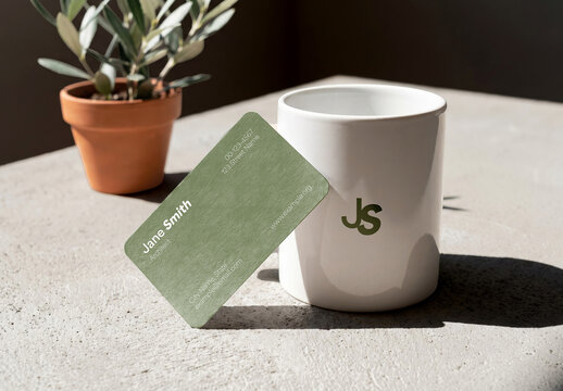 Business Card Mockup with Mug and Plant