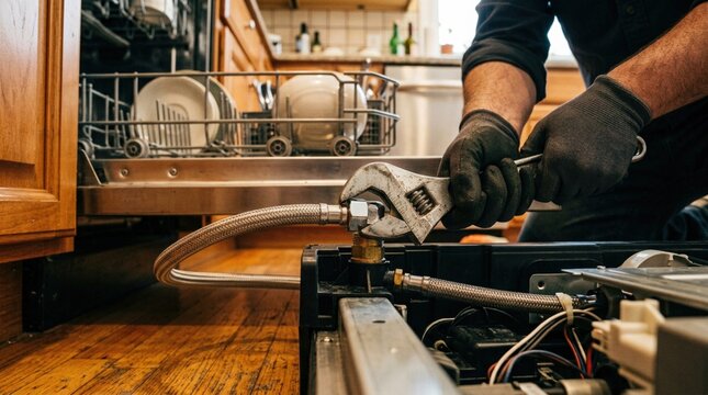 close up of plumber hands in protective gloves using adjustable wrench to tighten water supply hose connection on dishwasher during appliance installation or repair in domestic kitchen