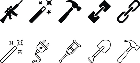 Assorted tool and object vector icon set featuring a rifle magic wand hammer link chain plug crutch shovel © Rokeya