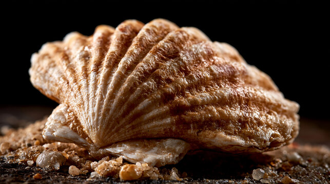 Detailed macro shot of a single textured seashell resting on grains of sand with still life