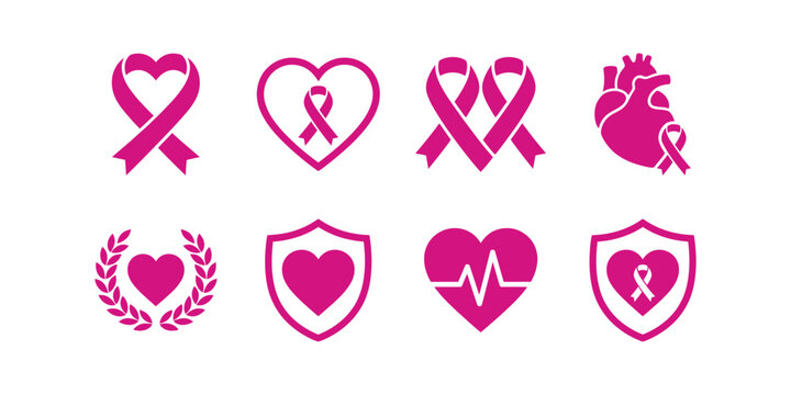 Collection of pink breast cancer awareness icons featuring ribbons hearts and medical symbols on white background