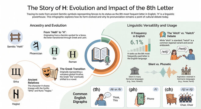 Educational infographic exploring the letter H, its history, pronunciation, alphabet origins, linguistic evolution and modern language usage.