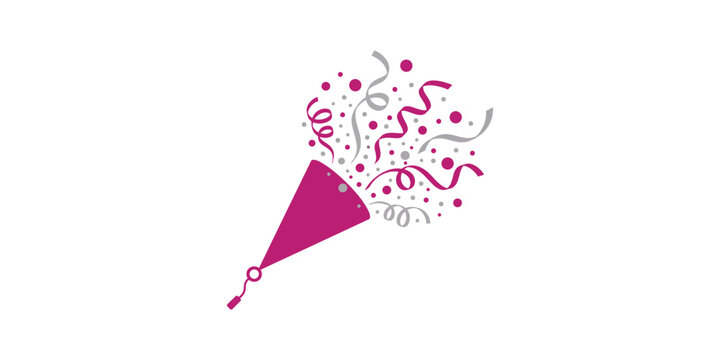 A festive party popper exploding with colorful confetti and ribbons on a clean white background