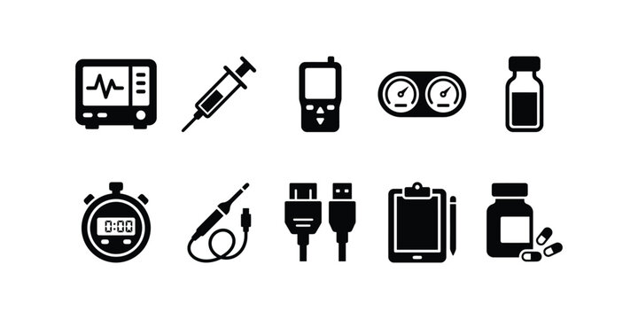 Set of ten black and white medical and technology icons for healthcare and digital device applications