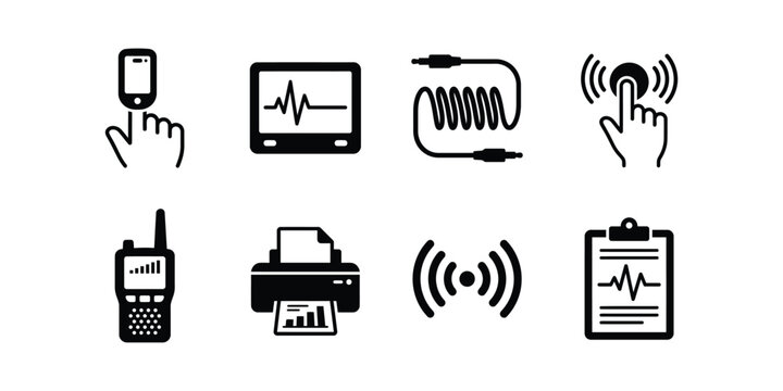 Set of black and white medical technology icons representing digital health monitoring and communication devices