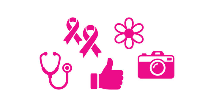 Collection of pink breast cancer awareness icons including ribbons stethoscope flower thumbs up and a camera