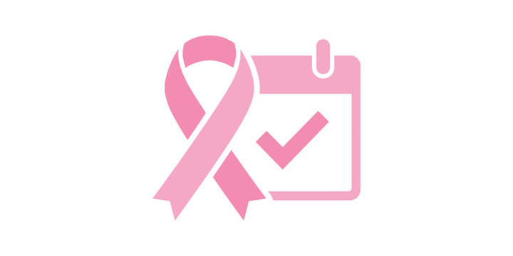 Pink breast cancer awareness ribbon icon next to a calendar page with a check mark symbol
