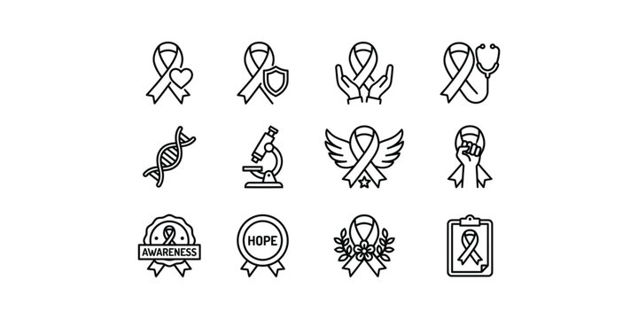 Set of twelve black and white medical awareness ribbon icons for health and disease support campaigns