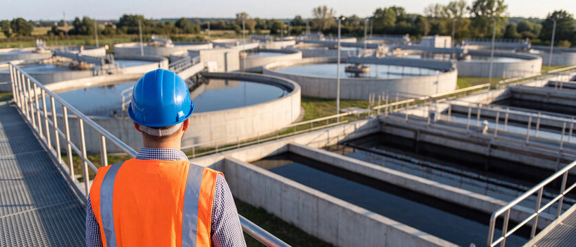 Engineer looking at a wastewater treatment plant with circular sedimentation tanks and rectangular aeration basins