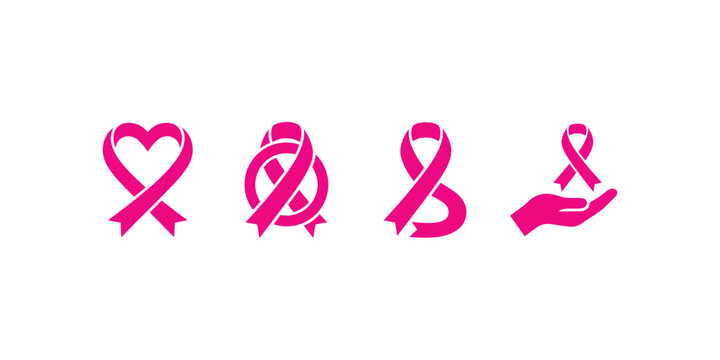 Set of pink ribbons for breast cancer awareness month isolated on a clean white background design