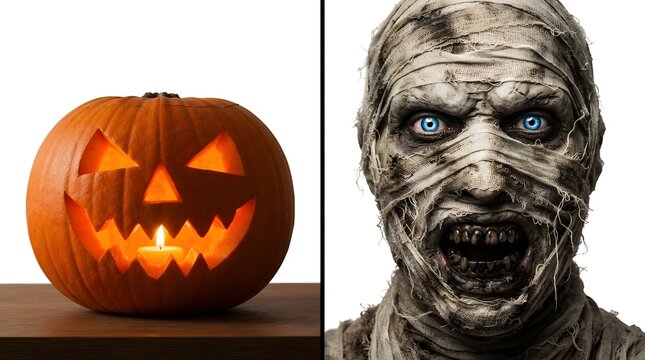 Jackolantern pumpkin and a scary mummy face isolated on white background