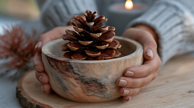 Person holding a rustic wooden bowl with pine cone for cozy winter decoration, pinecone