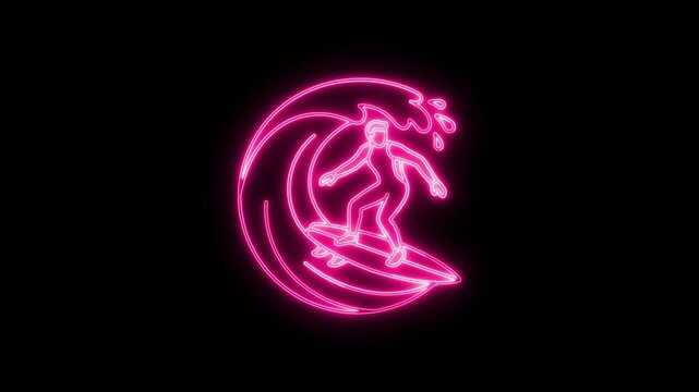 Glowing pink neon surfer riding a big wave outline illustration isolated on black background