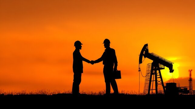 Two professionals in hard hats shake hands in silhouette against an orange sunset by a pumpjack and industrial site, symbolizing an energy industry partnership and successful deal