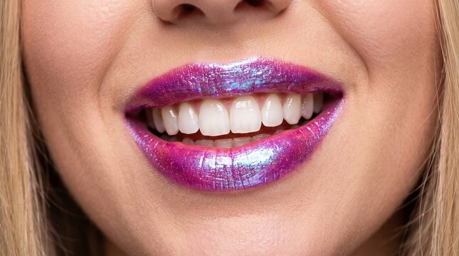 Macro Close-up of Smiling Woman's Lips with Holographic Metallic Lipstick