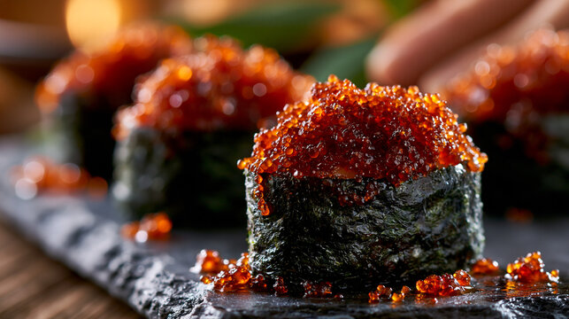 Fresh japanese sushi nigiri topped with savory tobiko roe on dark slate surface, japanese
