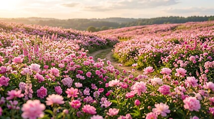 Fototapeta premium A breathtaking panoramic view of a vast blooming flower field with vibrant pink peonies stretching across rolling hills during a golden sunset