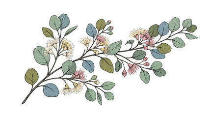 Watercolor eucalyptus branch with pink flowers illustration. © azka