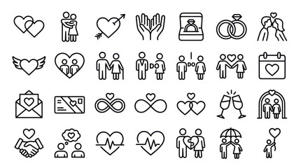 Fototapeta premium Love and wedding celebration line icon set.