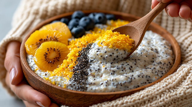 Scooping healthy chia seed pudding with kiwi slices and blueberries from wooden bowl