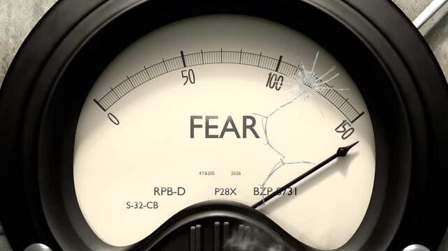 Fear meter showing big levels of fear. Dangerously increasing high values of fear, critical overload. Too much, off the charts. Max fear