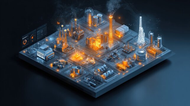 Abstract digital city illustration with glowing lights and network connections