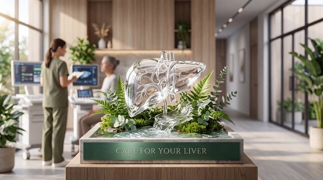 Transparent liver model surrounded by green plants in modern medical clinic with pedestal bright medical