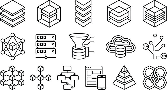 Data architecture vector icon set with big data storage cloud computing block chain server and tech infrastructure elements